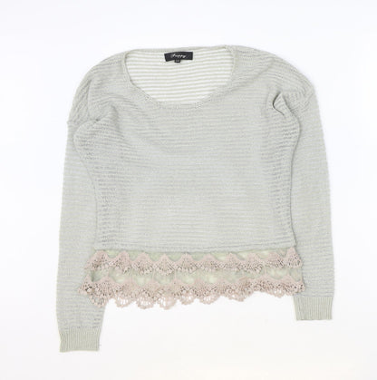 Preppy Womens Grey Scoop Neck Polyester Pullover Jumper Size S - Crochet Lace Trim