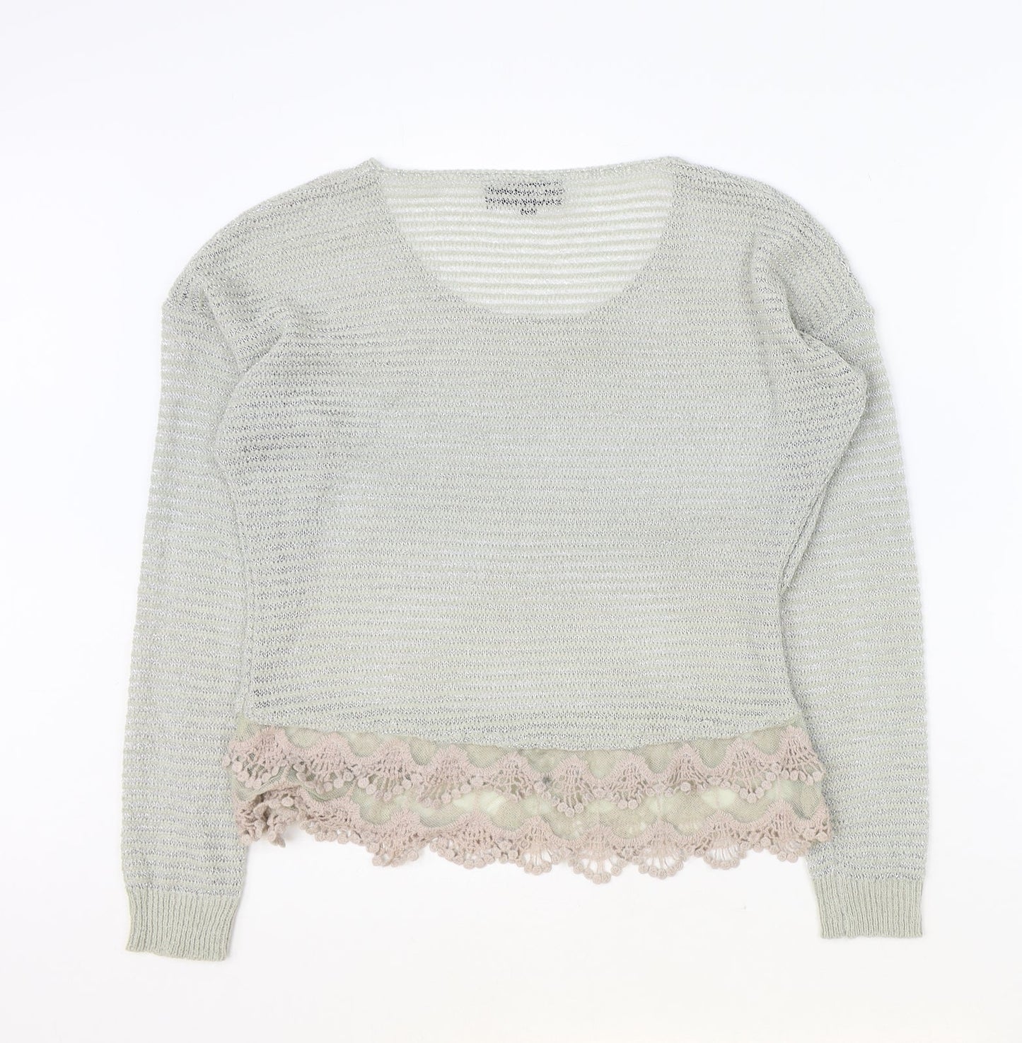 Preppy Womens Grey Scoop Neck Polyester Pullover Jumper Size S - Crochet Lace Trim