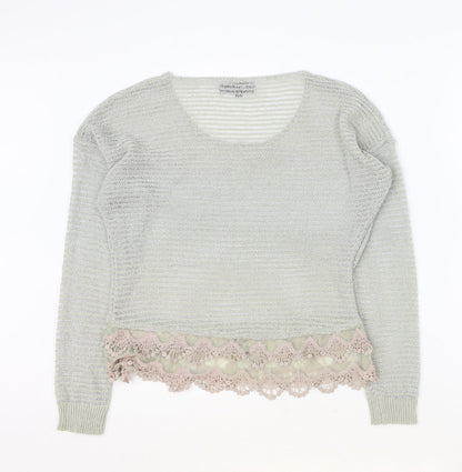 Preppy Womens Grey Scoop Neck Polyester Pullover Jumper Size S - Crochet Lace Trim