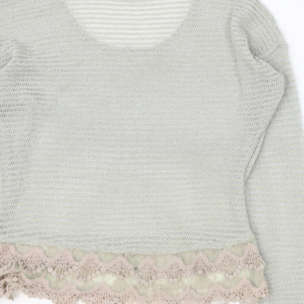 Preppy Womens Grey Scoop Neck Polyester Pullover Jumper Size S - Crochet Lace Trim
