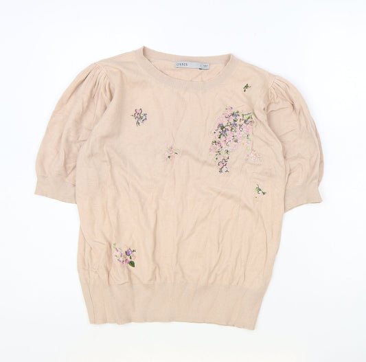 Oasis Womens Pink Floral Viscose Basic Blouse Size L Round Neck