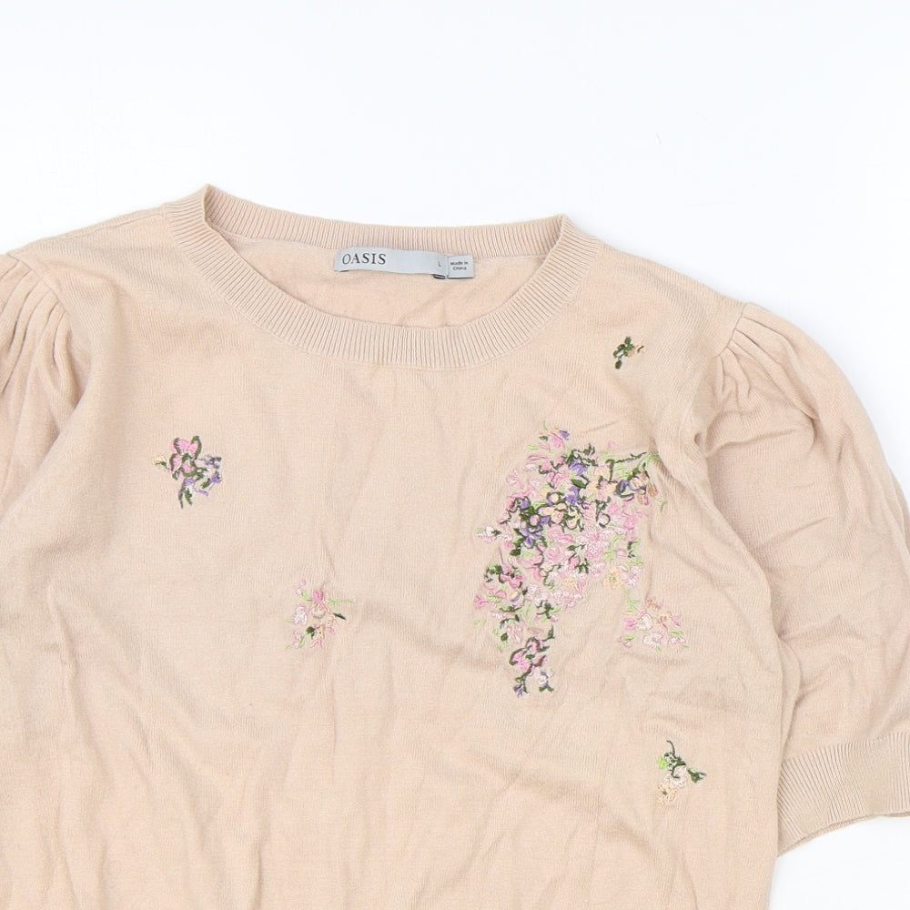 Oasis Womens Pink Floral Viscose Basic Blouse Size L Round Neck