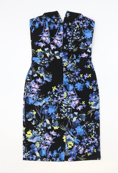 Miss Selfridge Womens Black Floral Polyester Pencil Dress Size 8 Square Neck Zip
