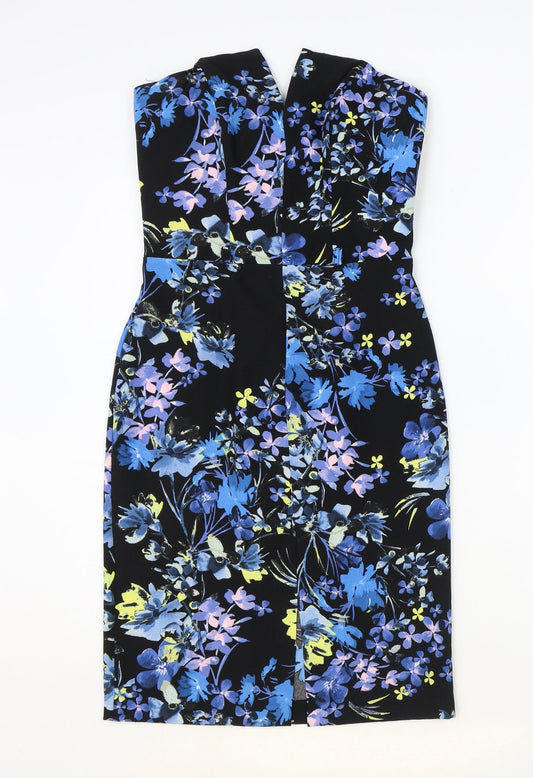 Miss Selfridge Womens Black Floral Polyester Pencil Dress Size 8 Square Neck Zip