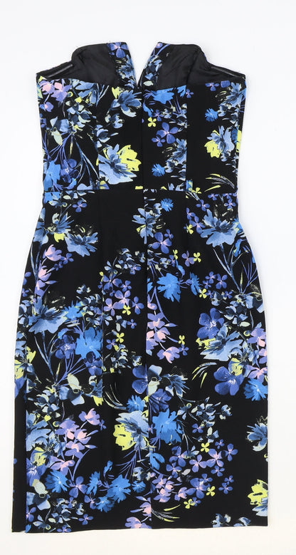 Miss Selfridge Womens Black Floral Polyester Pencil Dress Size 8 Square Neck Zip