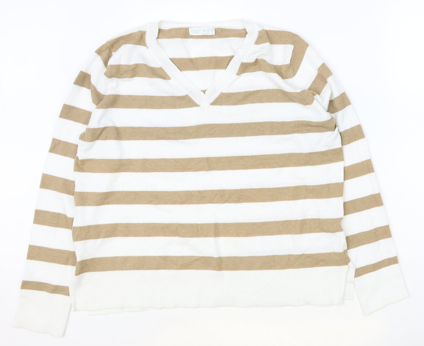 Primark Womens Brown V-Neck Striped Polyester Pullover Jumper Size M