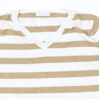Primark Womens Brown V-Neck Striped Polyester Pullover Jumper Size M