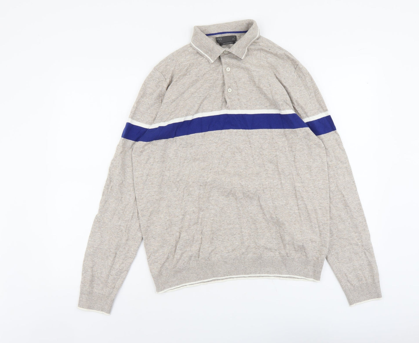 Marks and Spencer Mens Beige Collared Cotton Pullover Jumper Size M Long Sleeve