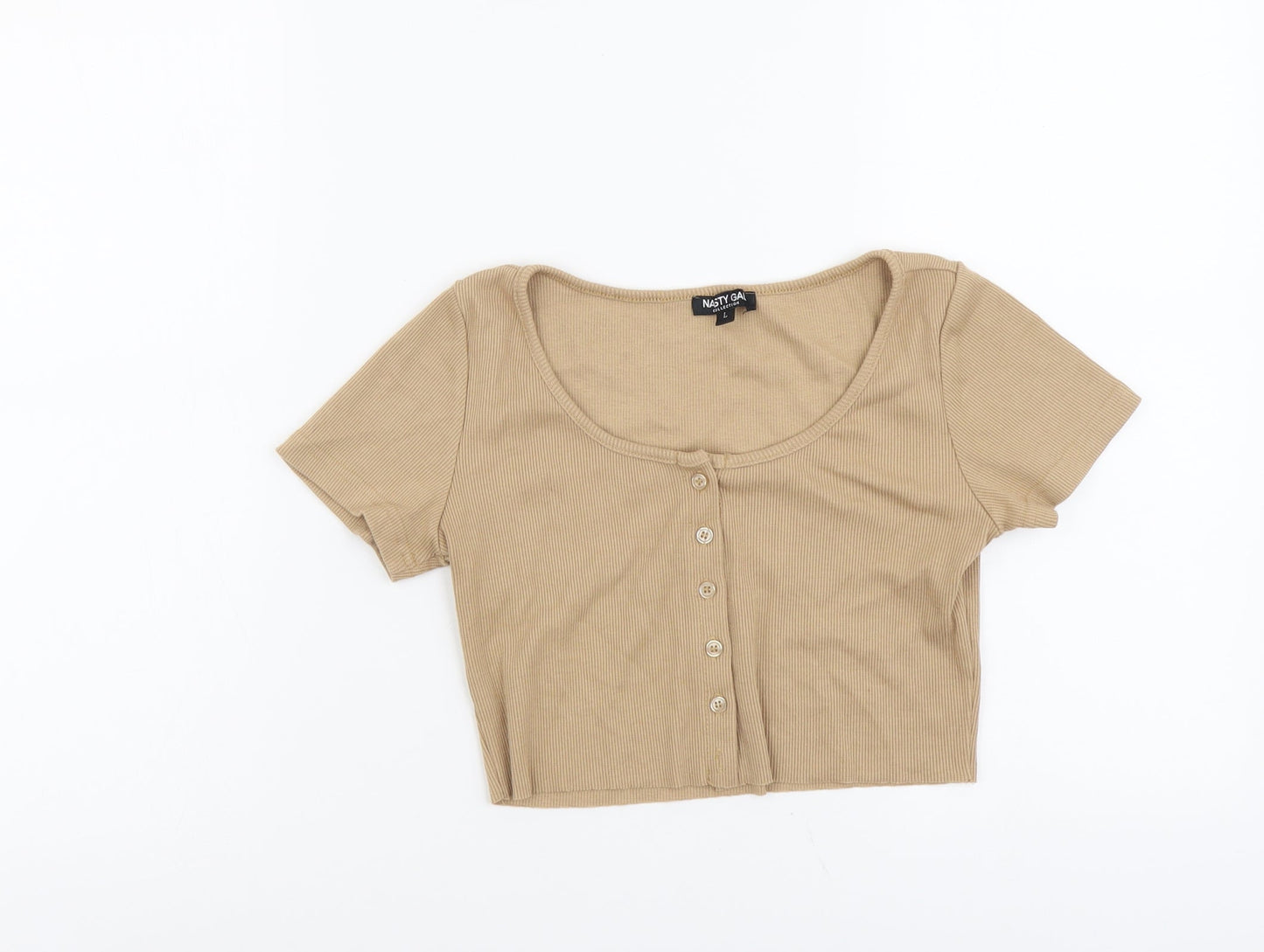 Nasty Gal Womens Beige Polyester Cropped Button-Up Size L Round Neck