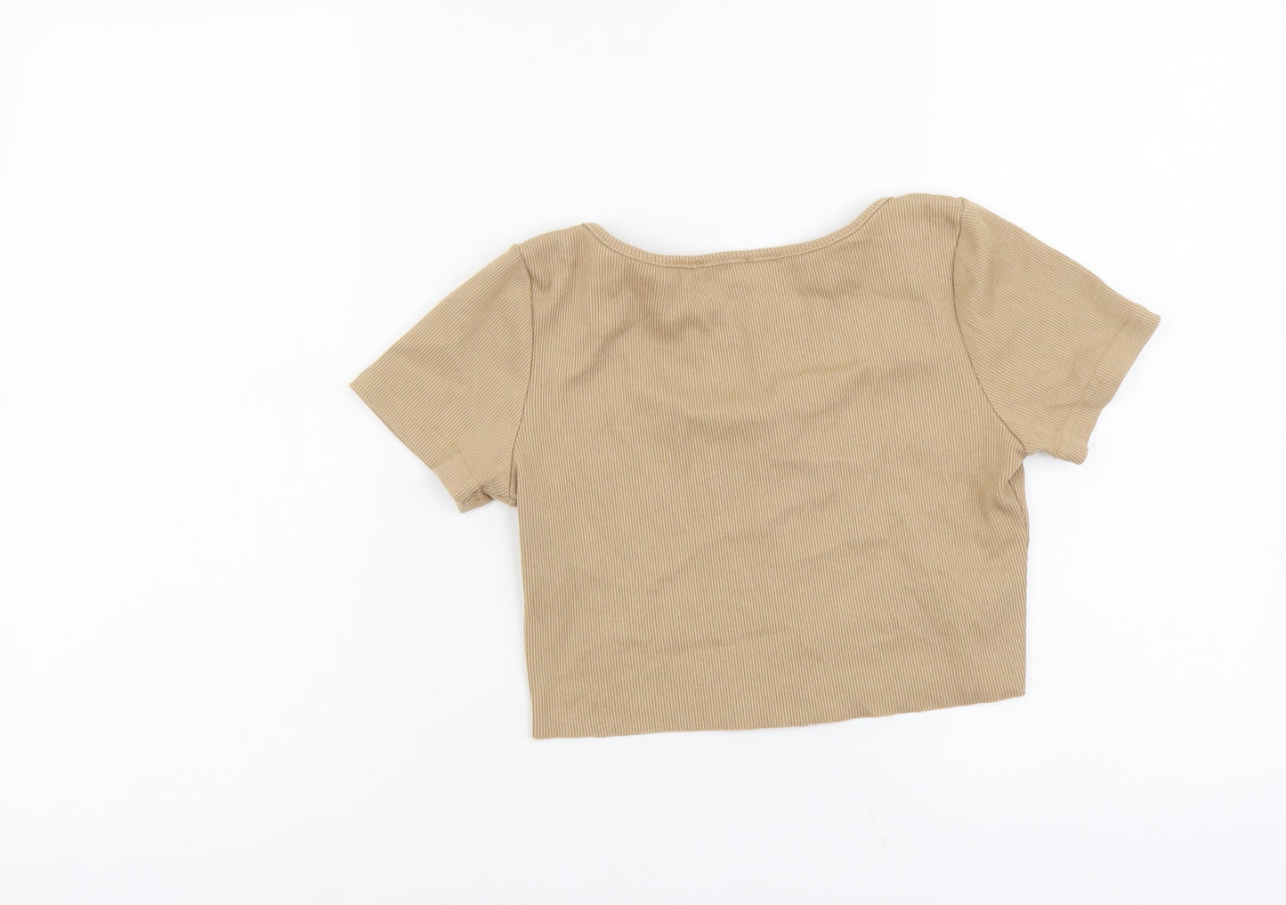 Nasty Gal Womens Beige Polyester Cropped Button-Up Size L Round Neck