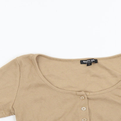 Nasty Gal Womens Beige Polyester Cropped Button-Up Size L Round Neck