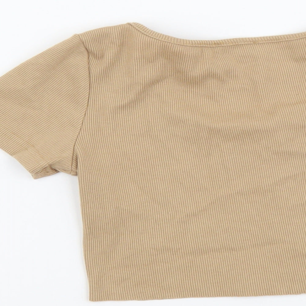 Nasty Gal Womens Beige Polyester Cropped Button-Up Size L Round Neck