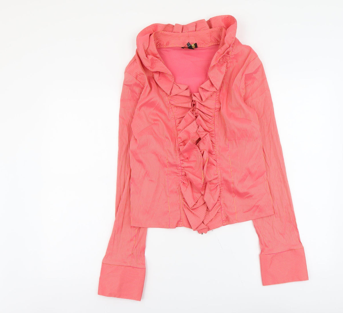 Front view of Unique women’s pink striped polyester basic blouse, size UK 4, v-neck