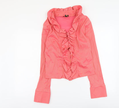 Front view of Unique women’s pink striped polyester basic blouse, size UK 4, v-neck