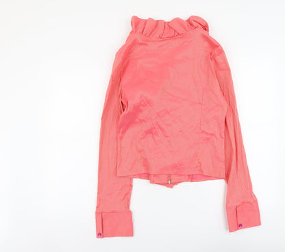 Back view of Unique women’s pink striped polyester basic blouse, size UK 4, v-neck