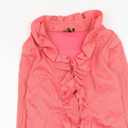 Close-up detail of Unique women’s pink striped polyester basic blouse, size UK 4, v-neck
