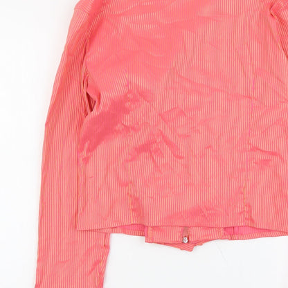 Brand and care label for Unique women’s pink striped polyester basic blouse, size UK 4, v-neck