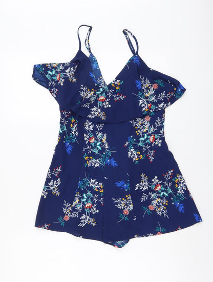 FOREVER 21 Womens Blue Floral Polyester Playsuit One-Piece Size S Zip