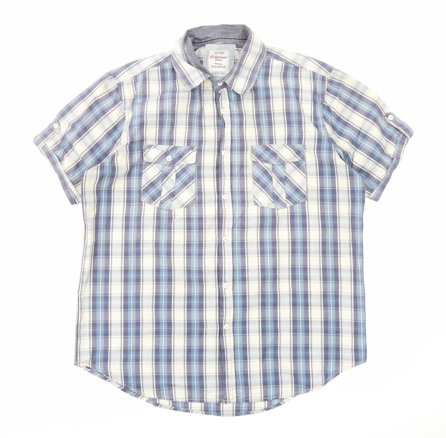 Mens UK Size XL Cedar Wood State Blue  Button-Up Short Sleeve Casual Shirt
