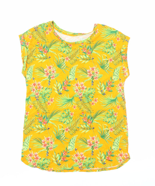 M&Co Womens Orange Floral Viscose Basic T-Shirt Size 10 Round Neck