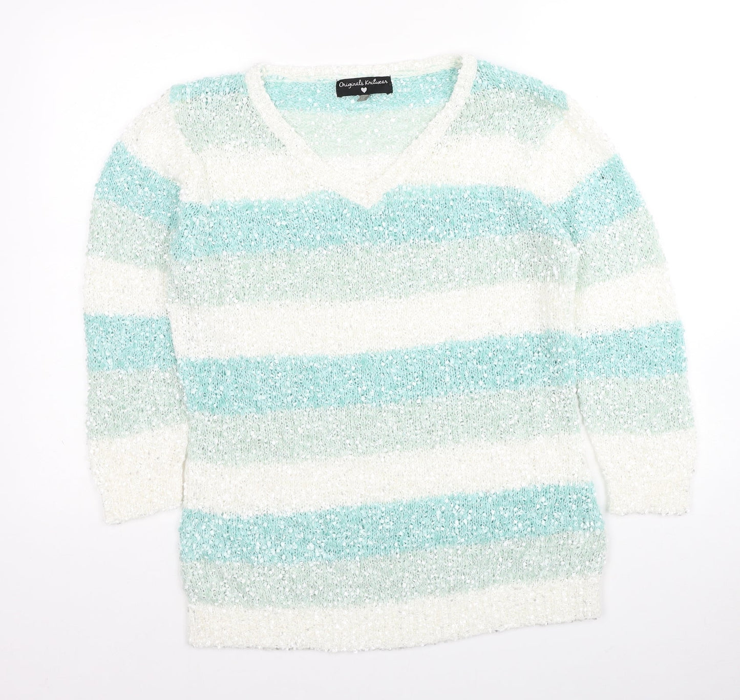 Original Knitwear Womens Multicoloured V-Neck Striped Polyester Pullover Jumper Size M