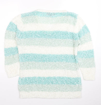 Original Knitwear Womens Multicoloured V-Neck Striped Polyester Pullover Jumper Size M