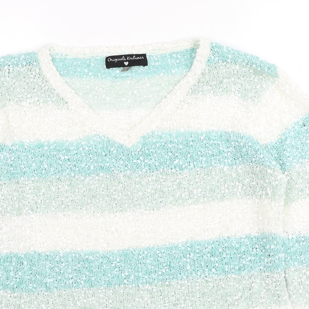 Original Knitwear Womens Multicoloured V-Neck Striped Polyester Pullover Jumper Size M
