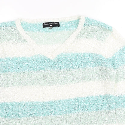 Original Knitwear Womens Multicoloured V-Neck Striped Polyester Pullover Jumper Size M