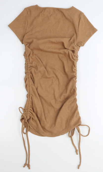 PRETTYLITTLETHING Womens Beige Cotton Bodycon Size 8 Boat Neck Pullover