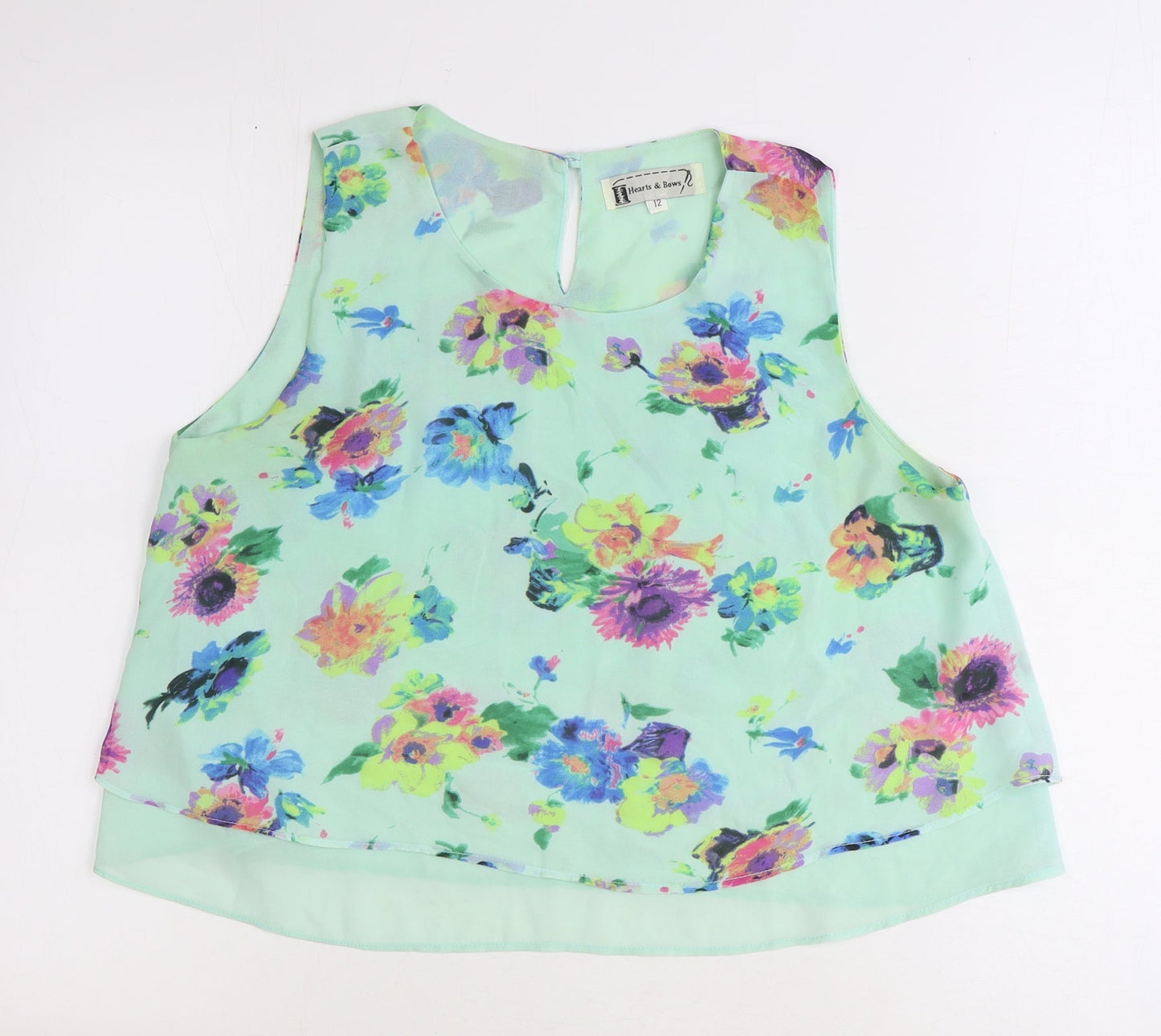 Hearts and Bows Womens Green Floral Polyester Basic Blouse Size 12 Scoop Neck