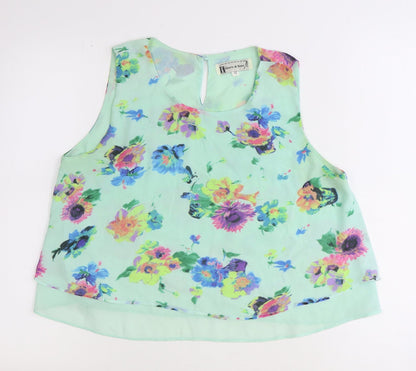 Hearts and Bows Womens Green Floral Polyester Basic Blouse Size 12 Scoop Neck