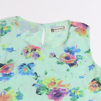 Hearts and Bows Womens Green Floral Polyester Basic Blouse Size 12 Scoop Neck