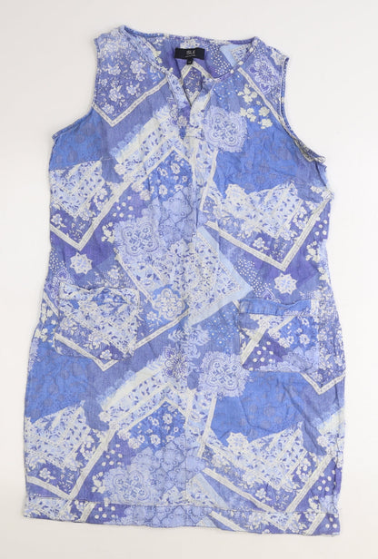 Isle Collection Womens Blue Geometric Linen Shift Size 12 V-Neck Pullover
