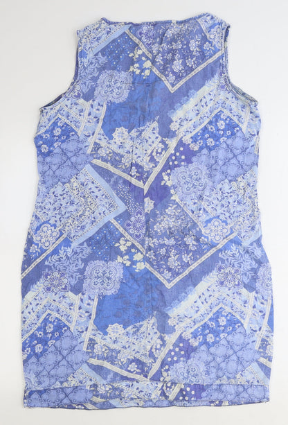 Isle Collection Womens Blue Geometric Linen Shift Size 12 V-Neck Pullover