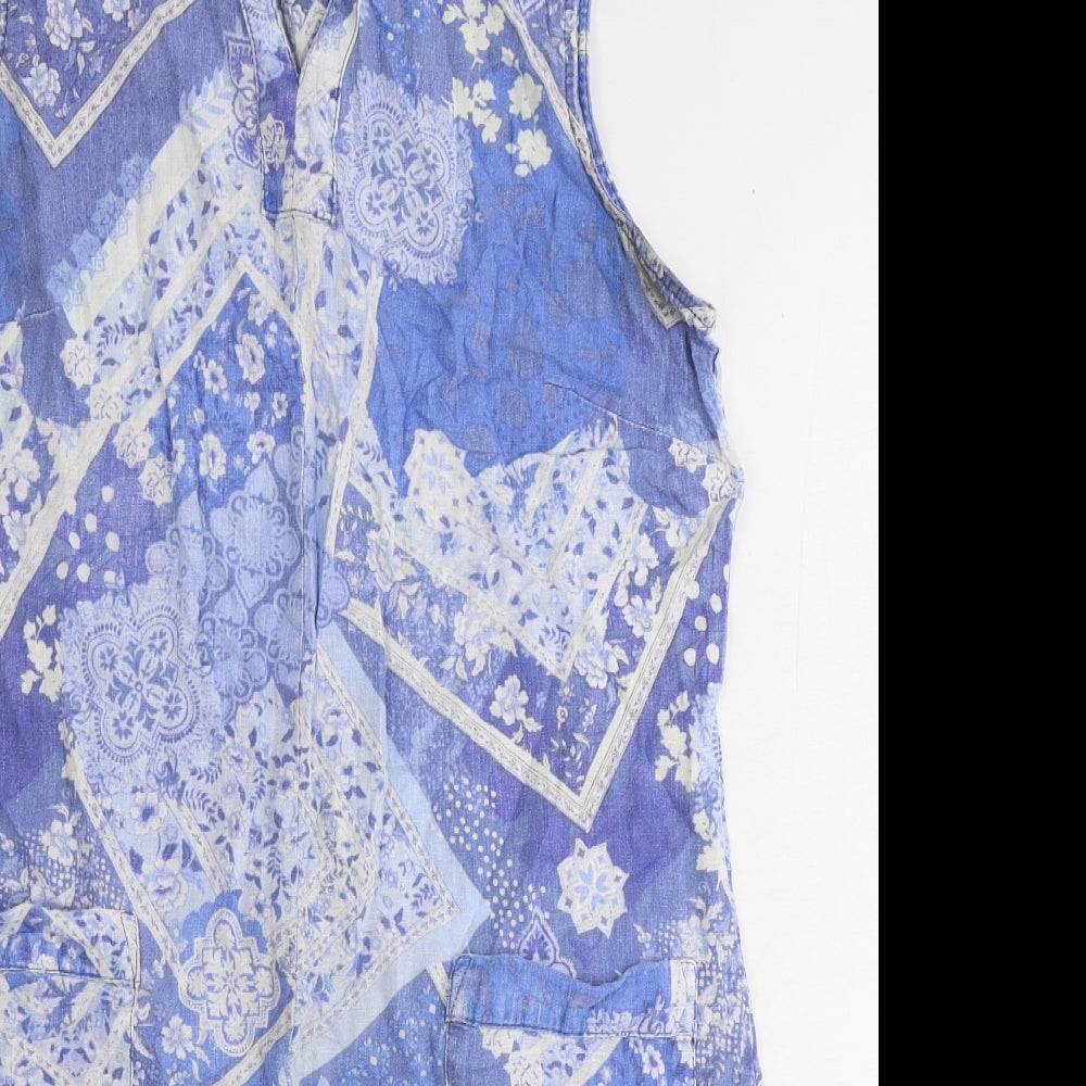 Isle Collection Womens Blue Geometric Linen Shift Size 12 V-Neck Pullover