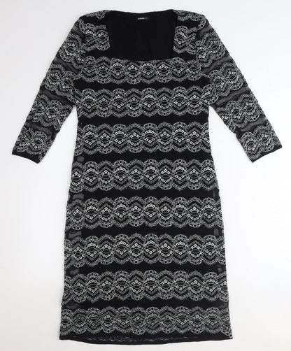 Roman Womens Black Geometric Polyamide A-Line Size 14 Square Neck Pullover