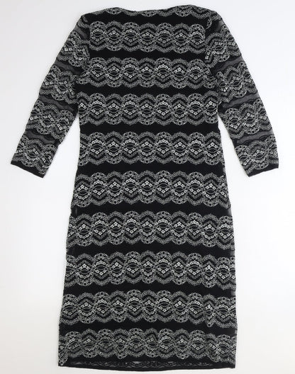 Roman Womens Black Geometric Polyamide A-Line Size 14 Square Neck Pullover
