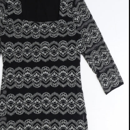 Roman Womens Black Geometric Polyamide A-Line Size 14 Square Neck Pullover