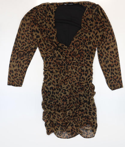 Zara Womens Multicoloured Animal Print Polyester Bodycon Size S V-Neck Zip - Leopard Print