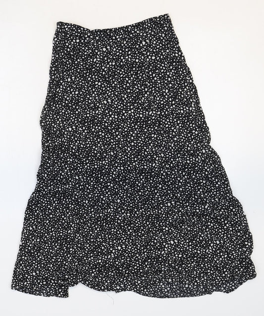 Back view of Ro&Zo women’s black geometric viscose peasant skirt, size UK 6, zip