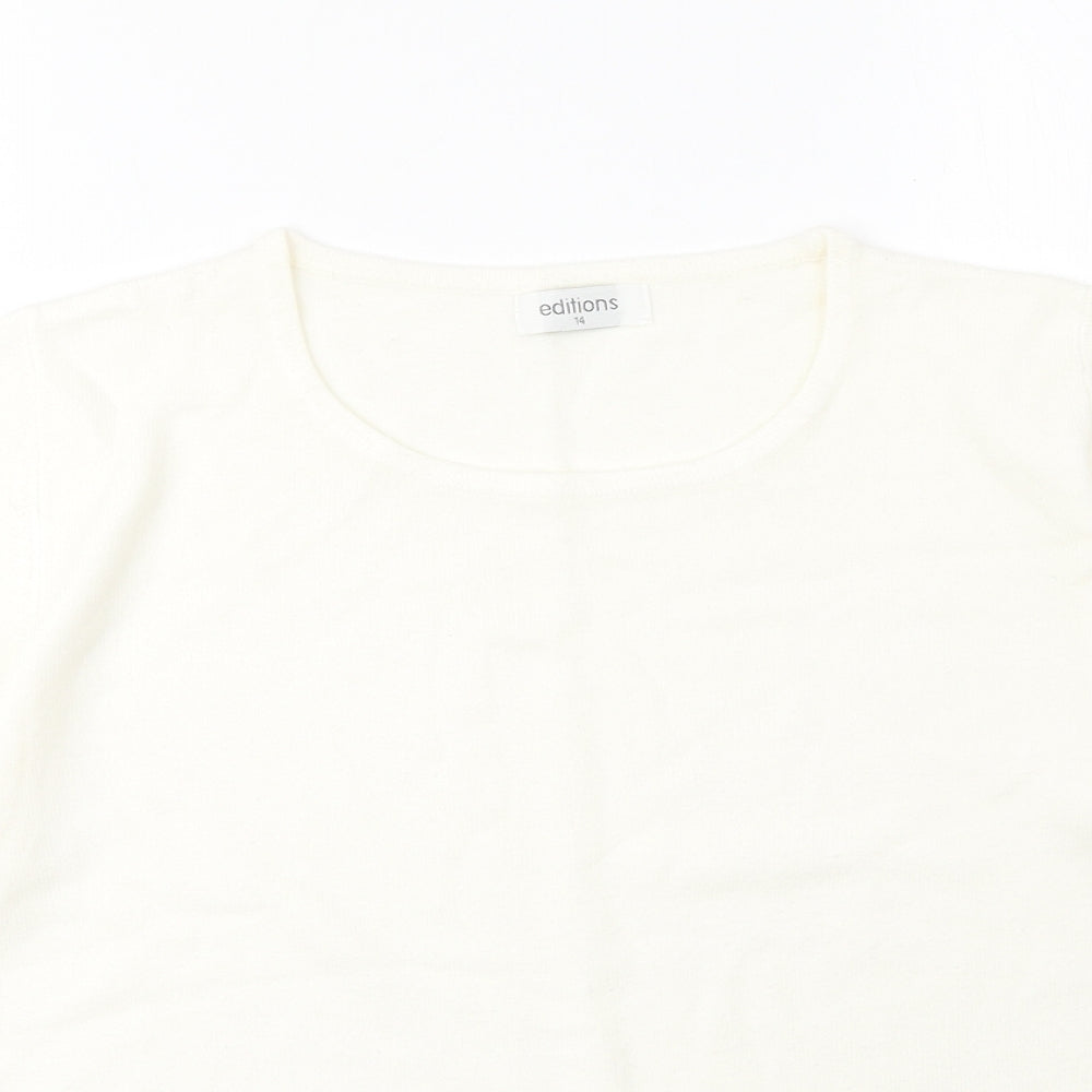 Editions Womens Ivory Acrylic Basic T-Shirt Size 14 Round Neck