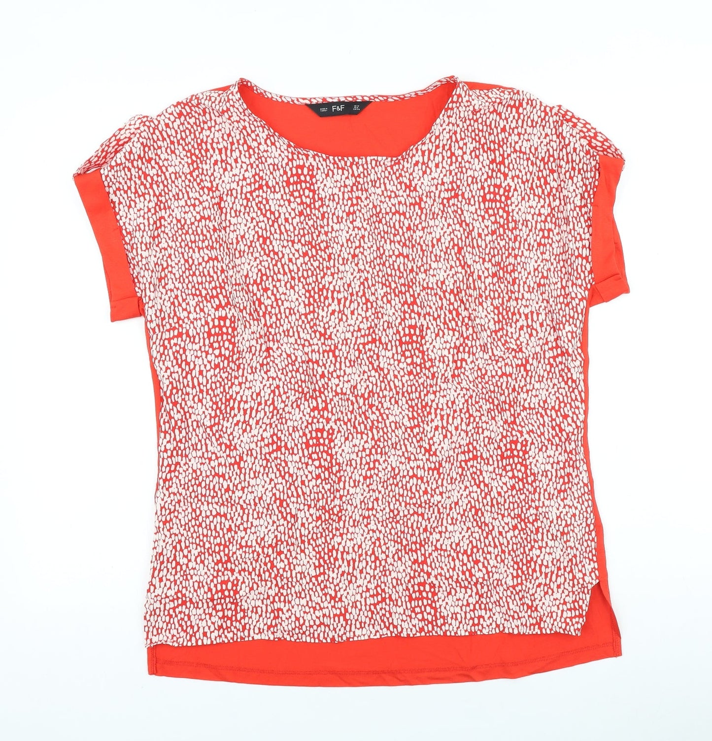 F&F Womens Red Geometric Viscose Basic Blouse Size 12 Round Neck