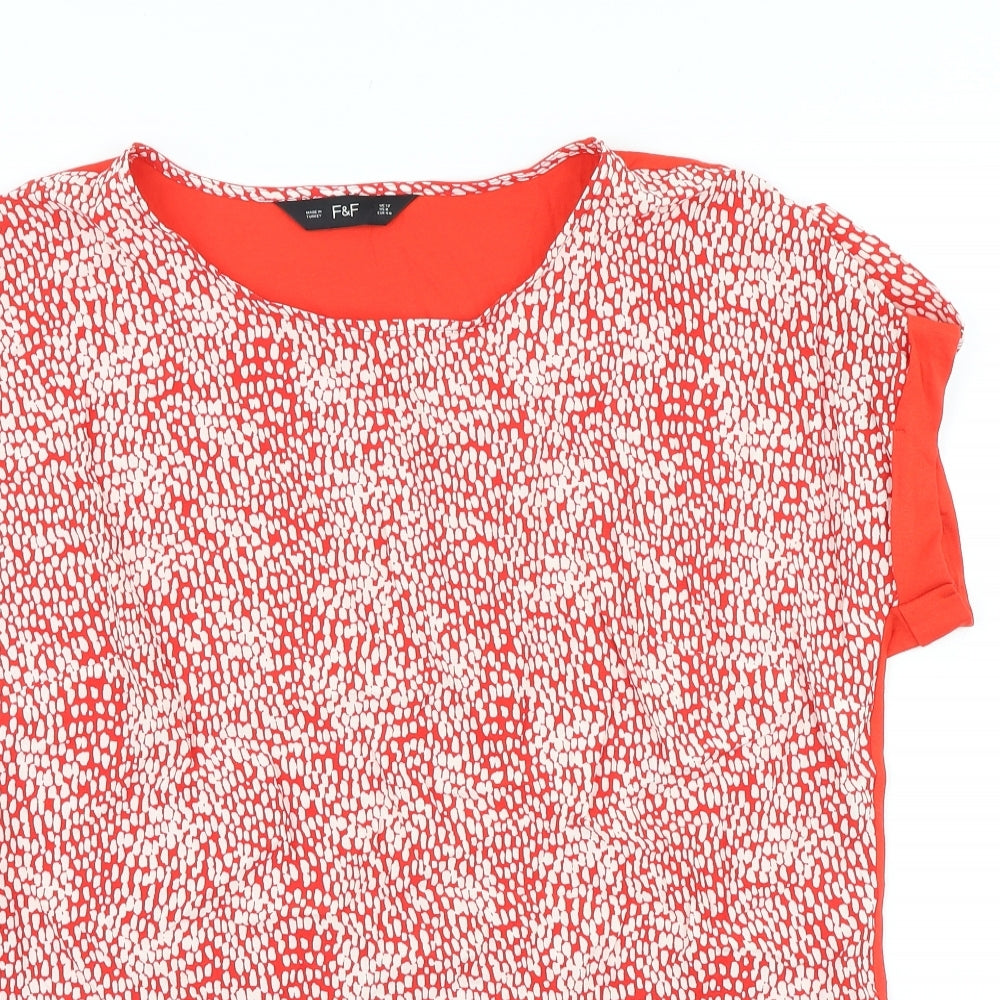 F&F Womens Red Geometric Viscose Basic Blouse Size 12 Round Neck