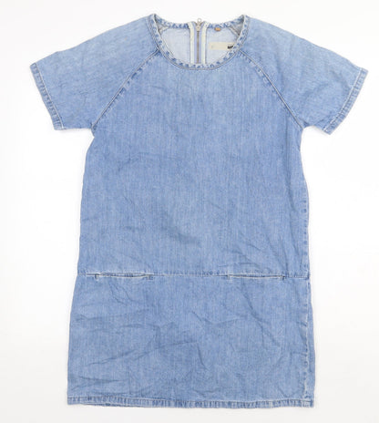 Topshop Womens Blue 100% Cotton A-Line Size 8 Round Neck Zip