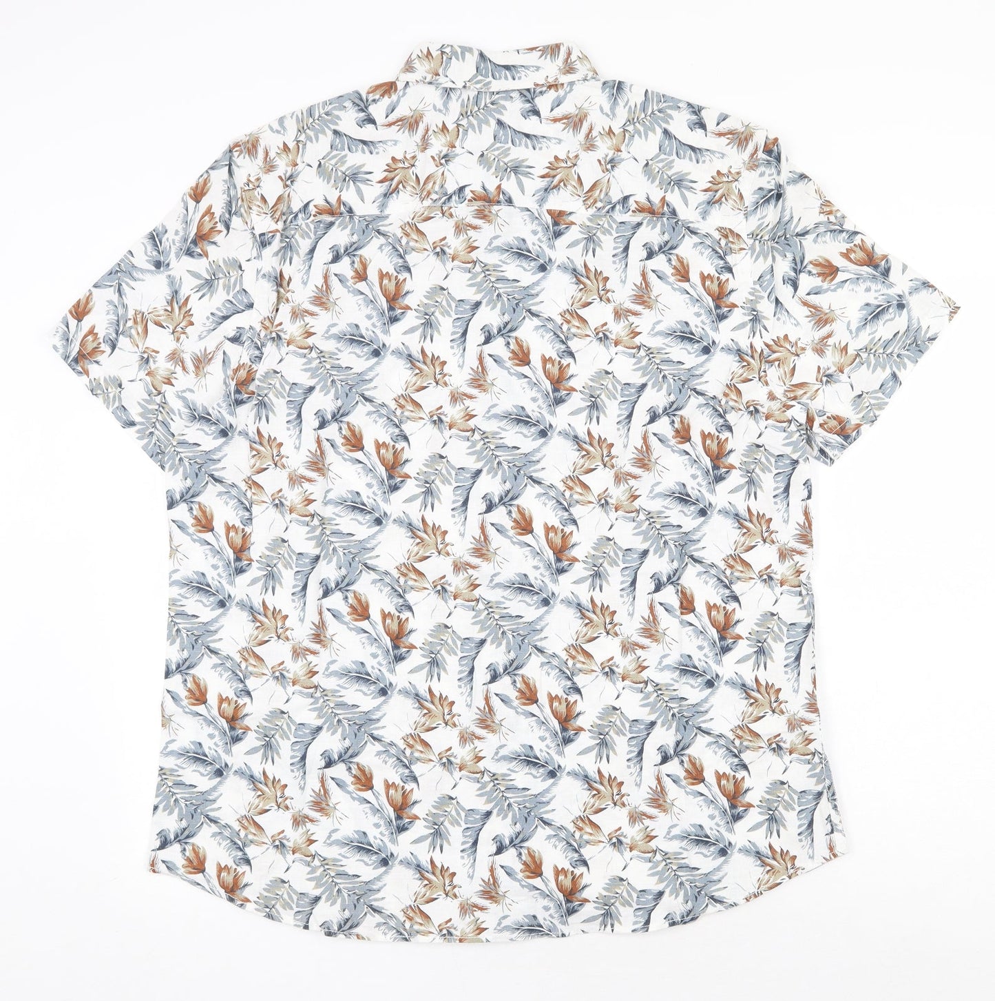 TU Mens White Geometric Linen Button-Up Size L Collared Button - Leaf Print