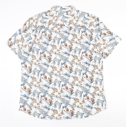 TU Mens White Geometric Linen Button-Up Size L Collared Button - Leaf Print