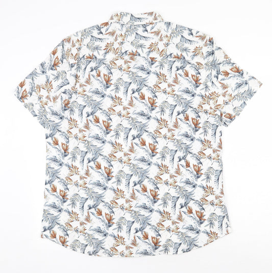 TU Mens White Geometric Linen Button-Up Size L Collared Button - Leaf Print