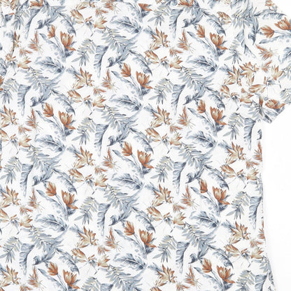 TU Mens White Geometric Linen Button-Up Size L Collared Button - Leaf Print