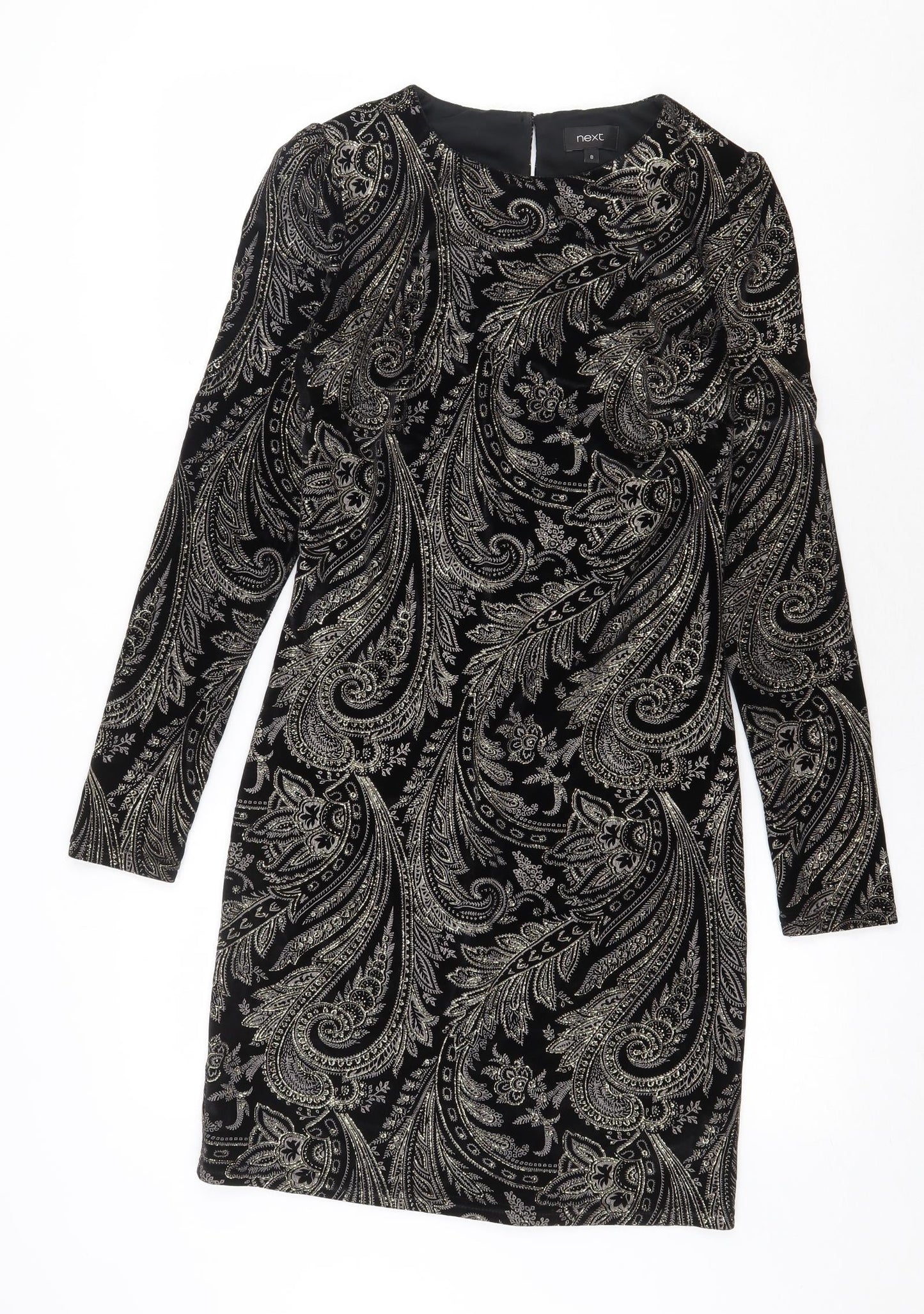 NEXT Womens Black Paisley Polyester Shift Size 8 Round Neck Button
