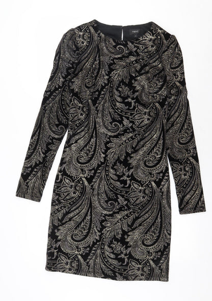 NEXT Womens Black Paisley Polyester Shift Size 8 Round Neck Button